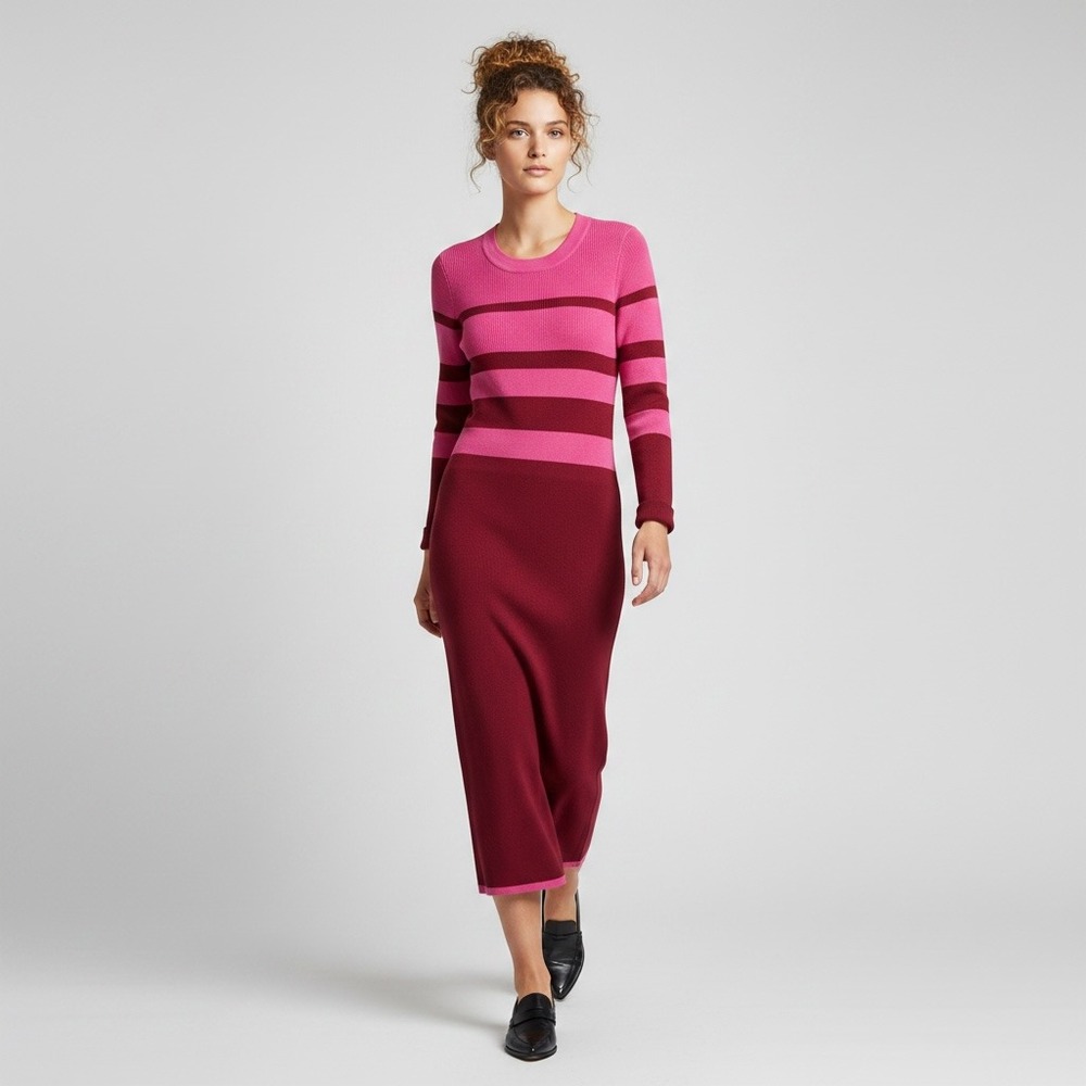 Marine Layer New Bamboo Ribbed Knit Midi Sweater Dress M Pink Striped Colorblock